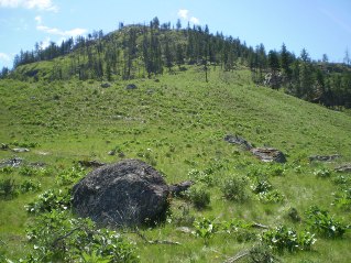 Past the ravine, heading south up the rise, trail passes by the peak on the right (west), Eagle Bluff Trail 2013-05.